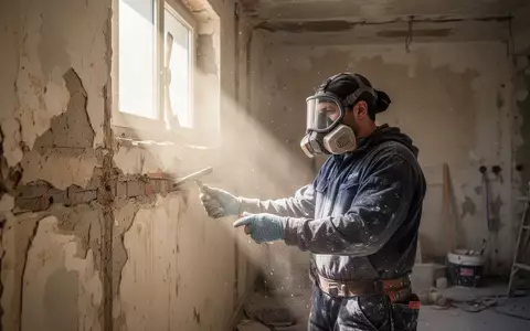 Ein Arbeiter in Schutzkleidung und Atemmaske bei der Prüfung eines alten Mauerwerks vor Sanierungsarbeiten. - Foto: über boerse-global.de