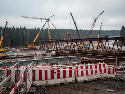 Großbaustelle an einer Autobahn mit schweren Baumaschinen und Stahlträgern bei bewölktem Himmel. - Foto: über boerse-global.de