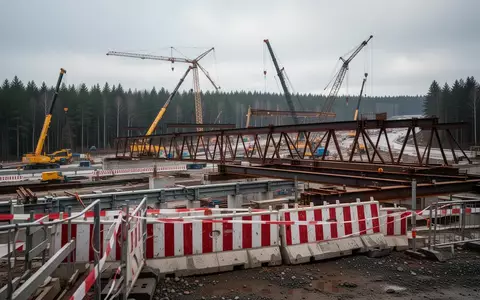Großbaustelle an einer Autobahn mit schweren Baumaschinen und Stahlträgern bei bewölktem Himmel. - Foto: über boerse-global.de