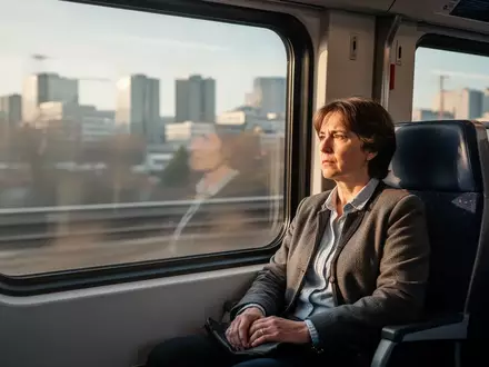 Eine Person sitzt in einem modernen Regionalzug und schaut aus dem Fenster während der Fahrt zur Arbeit. - Foto: über boerse-global.de