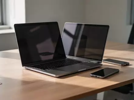 Ein moderner, minimalistischer Arbeitsplatz mit einem Laptop und einem Smartphone auf einem Schreibtisch bei Tageslicht. - Foto: über boerse-global.de