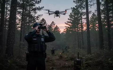Polizeibeamter bei einer Suchaktion im Wald bei Dämmerung, unterstützt durch eine Drohne am Himmel. - Foto: über boerse-global.de