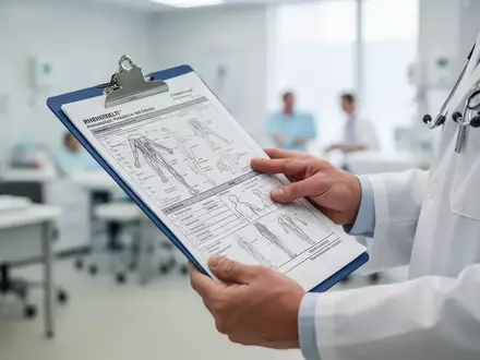 Hände eines Arztes halten eine Patientenakte in einer hellen, modernen rheumatologischen Praxis. - Foto: über boerse-global.de