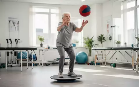 Eine ältere Person trainiert auf einem Balance-Board und fängt gleichzeitig einen Ball zur Verbesserung der Koordination. - Foto: über boerse-global.de