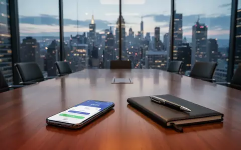 Ein Smartphone mit einer digitalen Zahlungs-App auf einem Konferenztisch in einem modernen Bürogebäude mit Blick auf eine Stadt. - Foto: über boerse-global.de