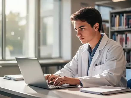 Ein Medizinstudent arbeitet konzentriert an einem Laptop in einer modernen Universitätsbibliothek zur Prüfungsvorbereitung. - Foto: über boerse-global.de