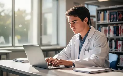 Ein Medizinstudent arbeitet konzentriert an einem Laptop in einer modernen Universitätsbibliothek zur Prüfungsvorbereitung. - Foto: über boerse-global.de