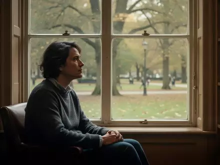 Eine nachdenkliche Person sitzt in einer Bibliothek und blickt aus einem Fenster, symbolisch für die narrative Lebensreflexion. - Foto: über boerse-global.de