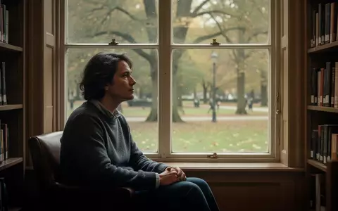 Eine nachdenkliche Person sitzt in einer Bibliothek und blickt aus einem Fenster, symbolisch für die narrative Lebensreflexion. - Foto: über boerse-global.de