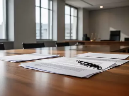 Ein moderner, minimalistischer Gerichtssaal mit Dokumenten und einem Füllfederhalter auf einem Holztisch. - Foto: über boerse-global.de