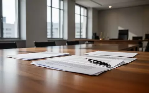 Ein moderner, minimalistischer Gerichtssaal mit Dokumenten und einem Füllfederhalter auf einem Holztisch. - Foto: über boerse-global.de