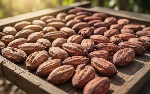 Nahaufnahme von geernteten Kakaobohnen, die im Sonnenlicht auf einer Holzfläche trocknen. - Foto: über boerse-global.de