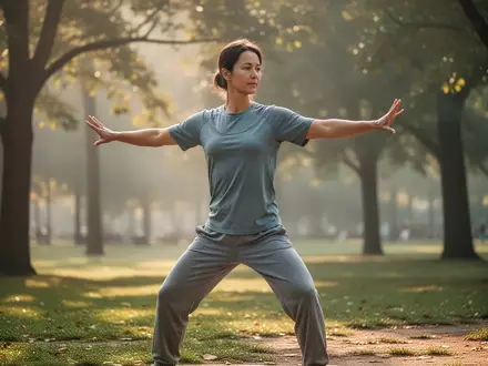 Eine Person praktiziert Qi Gong in einem sonnendurchfluteten Park während einer meditativen Bewegungsübung. - Foto: über boerse-global.de
