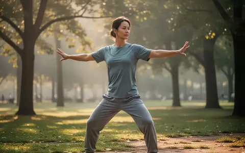 Eine Person praktiziert Qi Gong in einem sonnendurchfluteten Park während einer meditativen Bewegungsübung. - Foto: über boerse-global.de