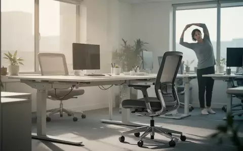 Ein modern gestalteter, ergonomischer Arbeitsplatz im Büro, an dem eine Person sanfte Dehnübungen zur Gesundheitsprävention macht. - Foto: über boerse-global.de