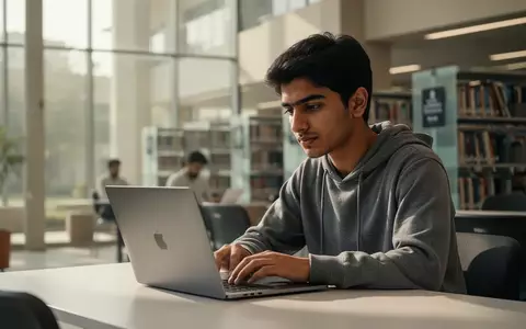 Ein Student arbeitet in einer modernen Bibliothek an einem Laptop. - Foto: über boerse-global.de