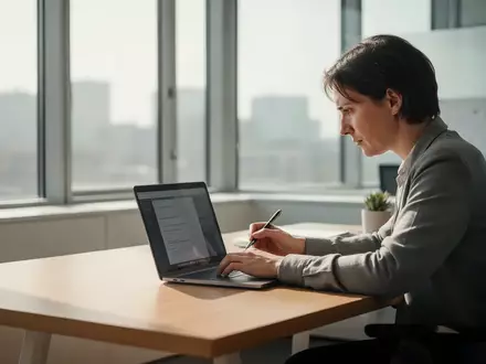 Eine Person arbeitet konzentriert an einem Laptop an einem hellen, modernen Schreibtisch in einem Büro. - Foto: über boerse-global.de