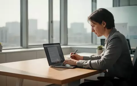 Eine Person arbeitet konzentriert an einem Laptop an einem hellen, modernen Schreibtisch in einem Büro. - Foto: über boerse-global.de