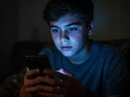 Ein Jugendlicher schaut in einem abgedunkelten Raum auf den hell leuchtenden Bildschirm eines Smartphones. - Foto: über boerse-global.de