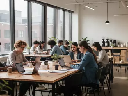 Menschen arbeiten konzentriert an Laptops in einem hellen, modernen Gemeinschaftsbüro mit einer kleinen Kaffeestation. - Foto: über boerse-global.de