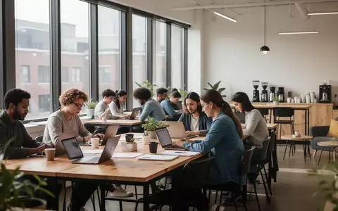 Menschen arbeiten konzentriert an Laptops in einem hellen, modernen Gemeinschaftsbüro mit einer kleinen Kaffeestation. - Foto: über boerse-global.de