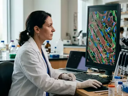 Wissenschaftler bei der Untersuchung von Herzmuskelgewebe unter dem Mikroskop in einem modernen Labor. - Foto: über boerse-global.de
