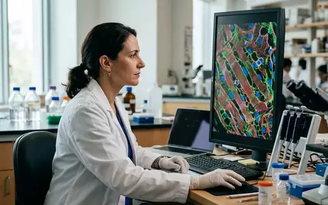 Wissenschaftler bei der Untersuchung von Herzmuskelgewebe unter dem Mikroskop in einem modernen Labor. - Foto: über boerse-global.de