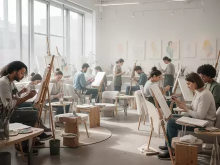 Menschen malen und zeichnen in einem hellen, ruhigen Kunstraum, der als geschützter Ort für neurodivergente Personen dient. - Foto: über boerse-global.de