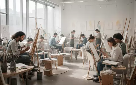 Menschen malen und zeichnen in einem hellen, ruhigen Kunstraum, der als geschützter Ort für neurodivergente Personen dient. - Foto: über boerse-global.de
