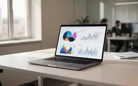 Ein moderner Arbeitsplatz mit Laptop und Datenvisualisierungen in einem hellen Büro. - Foto: über boerse-global.de