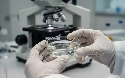 Nahaufnahme einer Hand in einem Labor, die eine Petrischale hält, während im Hintergrund ein Lichtmikroskop zu sehen ist. - Foto: über boerse-global.de