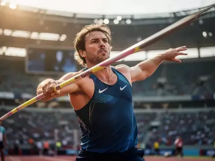Ein fokussierter Speerwerfer in einem Stadion kurz vor dem Abwurf, aufgenommen in einer professionellen Sportfotografie. - Foto: über boerse-global.de