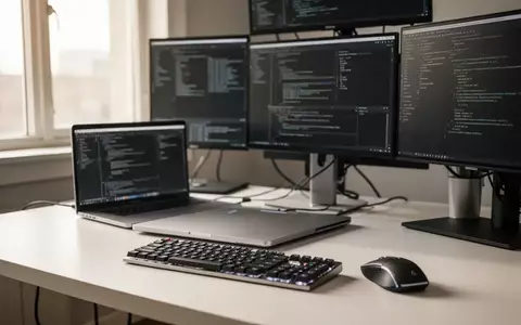 Ein moderner, aufgeräumter Arbeitsplatz mit einem Laptop und mehreren Monitoren in einem hellen, professionellen Büro. - Foto: über boerse-global.de