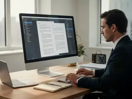 Ein Anwalt arbeitet an einem modernen Computerbildschirm in einem hellen Büro, fokussiert auf die digitale Vertragsbearbeitung. - Foto: über boerse-global.de