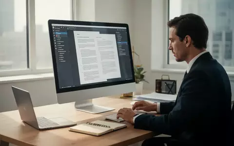 Ein Anwalt arbeitet an einem modernen Computerbildschirm in einem hellen Büro, fokussiert auf die digitale Vertragsbearbeitung. - Foto: über boerse-global.de