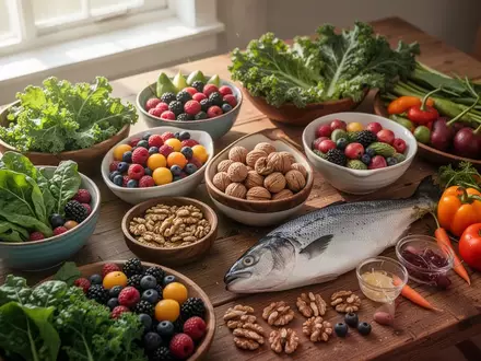 Ein Arrangement aus frischem Gemüse, Beeren, Nüssen und gesundem Fisch auf einem Holztisch als Symbol für entzündungshemmende Ernährung. - Foto: über boerse-global.de