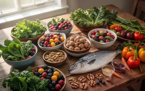 Ein Arrangement aus frischem Gemüse, Beeren, Nüssen und gesundem Fisch auf einem Holztisch als Symbol für entzündungshemmende Ernährung. - Foto: über boerse-global.de