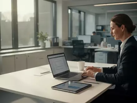 Ein moderner Büroarbeitsplatz in einer Bremer Behörde mit einem Mitarbeiter an einem Laptop. - Foto: über boerse-global.de
