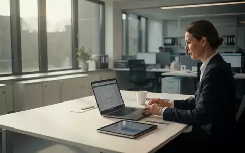Ein moderner Büroarbeitsplatz in einer Bremer Behörde mit einem Mitarbeiter an einem Laptop. - Foto: über boerse-global.de