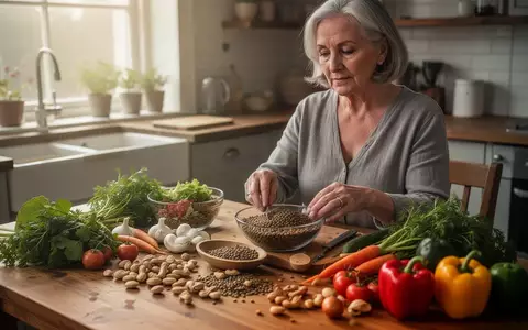 Eine Frau bereitet in einer hellen Küche eine gesunde vegetarische Mahlzeit mit Hülsenfrüchten und Gemüse zu. - Foto: über boerse-global.de