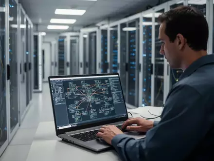 IT-Administrator arbeitet an einem Laptop in einem modernen Serverraum zur Überprüfung von Netzwerkkonfigurationen. - Foto: über boerse-global.de
