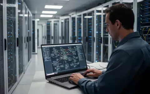 IT-Administrator arbeitet an einem Laptop in einem modernen Serverraum zur Überprüfung von Netzwerkkonfigurationen. - Foto: über boerse-global.de