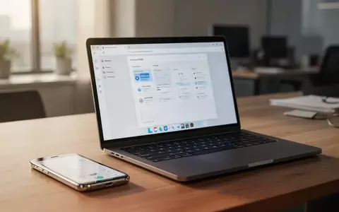Ein moderner Arbeitsplatz mit einem Smartphone und einem Laptop auf einem Schreibtisch vor einem unscharfen Bürohintergrund. - Foto: über boerse-global.de