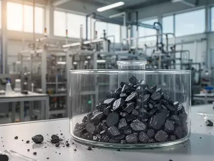 Hochreine Graphitflocken in einem Glasbehälter vor einer modernen Produktionsanlage für Batteriematerialien. - Foto: über boerse-global.de