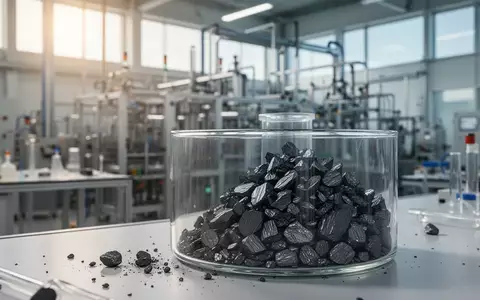 Hochreine Graphitflocken in einem Glasbehälter vor einer modernen Produktionsanlage für Batteriematerialien. - Foto: über boerse-global.de