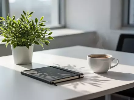 Ein aufgeräumter, heller Büroarbeitsplatz mit einer Pflanze und einer Kaffeetasse bei natürlichem Tageslicht. - Foto: über boerse-global.de