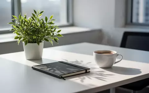 Ein aufgeräumter, heller Büroarbeitsplatz mit einer Pflanze und einer Kaffeetasse bei natürlichem Tageslicht. - Foto: über boerse-global.de