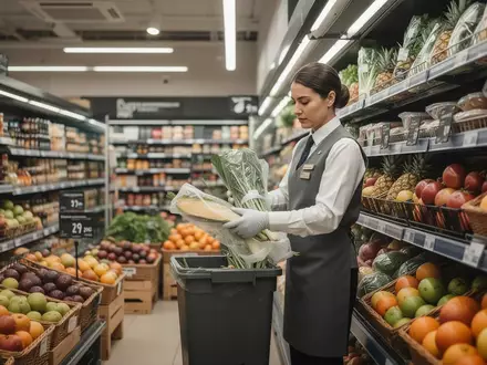 Ein Angestellter räumt in einem hell beleuchteten Supermarkt Regale mit frischem Obst ein. - Foto: über boerse-global.de