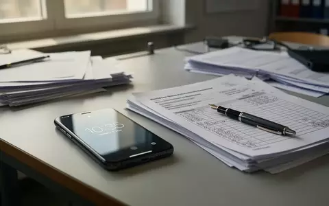 Ein Smartphone mit einer Zeiterfassungs-App liegt neben einem Stapel Korrekturarbeiten auf einem Schreibtisch im Lehrerzimmer. - Foto: über boerse-global.de
