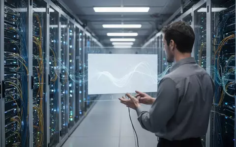 Ein technischer Raum mit Serverracks und Glasfaserkabeln, in dem Datenströme als abstrakte digitale Muster visualisiert werden. - Foto: über boerse-global.de